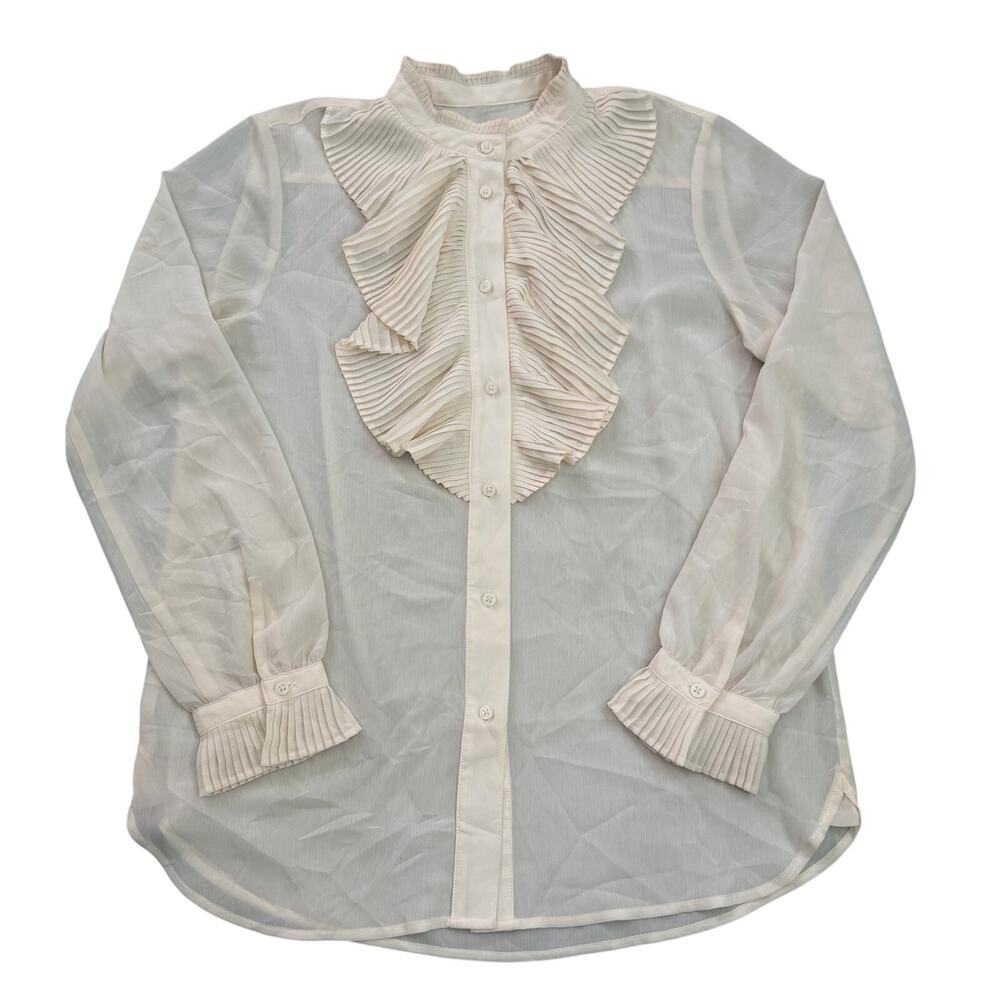 J.Crew Cream Sheer Pleated Ruffle Bib Blouse Women's Size 6 Button Down